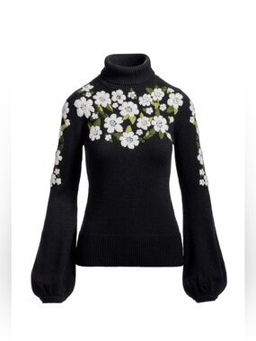 Boston Proper Black Flower Embroidered Turtleneck Sweater